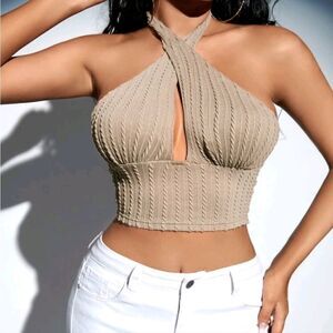 Khaki Cable Textured Wrap Cross Backless Crop Halter Top S(4)